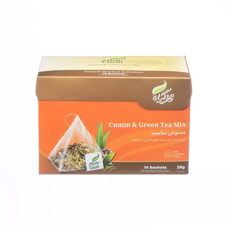 خرید دمنوش تناسب (زیره، چای سبز و سنا) تی بگ مهرگیاه